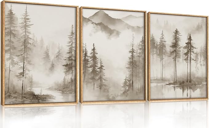 HPNIUB Foggy Mountain Forest Framed Wall Art Set,Abstract Misty Woodland Wall Decor,Neutral Pine Tree Farmhouse Art Print,Modern Nature Landscape Artwork for Living Room, Bedroom,Office-12 x16 x3