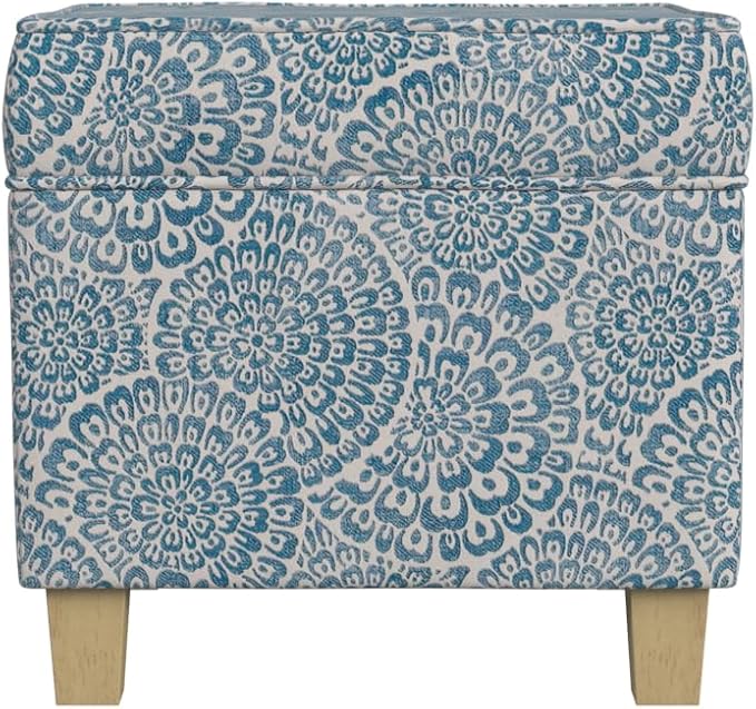 Homepop Home Decor Classic Square Storage Ottoman with Lift Off Lid | Ottoman with Storage for Living Room & Bedroom, Blue and Cream Modern Floral