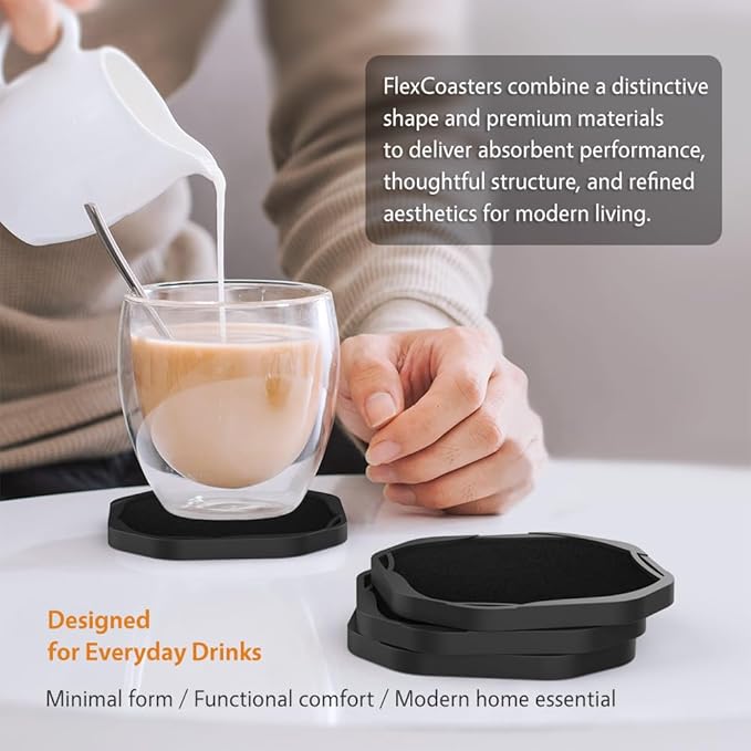 UMIRRO Black Octagon 4" Felt & Silicone Drink Cup Coasters Set of 6 with Holder - Super Absorbent, Built-in Leak Protection, Non-Stick, Modern Coasters for Coffee Table, Desk & Home Decor