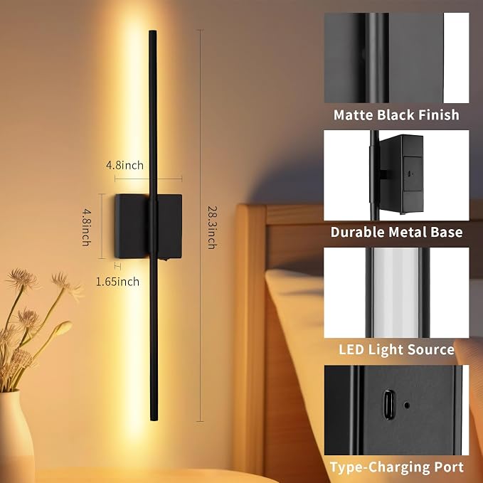 Battery Operated Wall Sconce Set of Two, Black, 28.3 inch | Remote Control, Rechargeable & Dimmable, Wireless, Peel and Stick Install, Timer Function