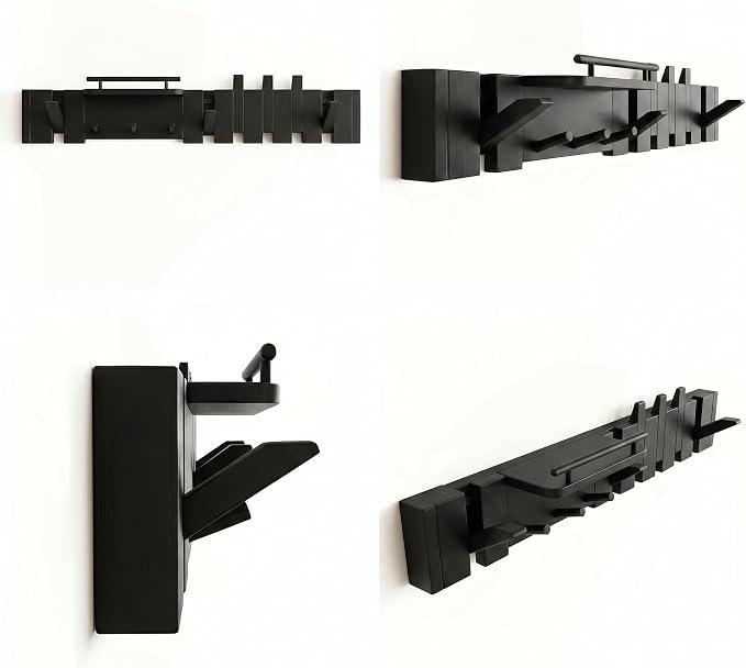 Mid Century Modern Walnut Foldable Entryway Wall Coat Hanger Hook with Shelf,Heavy Duty Wooden Piano Hidden Towel Hooks for Bathroom,Wall Rack for Purse&Key&Mail,Home Decor (Black, 9 Hooks)