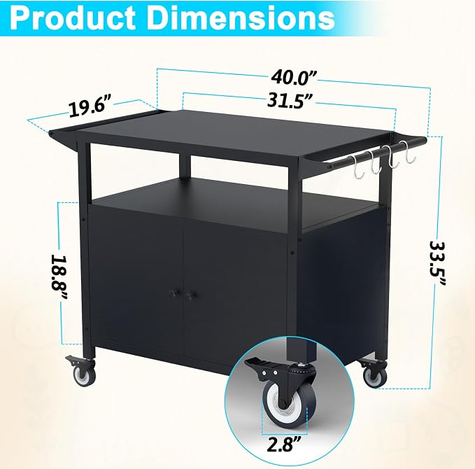 COZEER Outdoor Grill Table with Storage, Movable BBQ Grill Cart, Outdoor Kitchen Prep Station, Rolling Bar Serving Cart with Utensil Hooks, Blackstone Griddle Stand