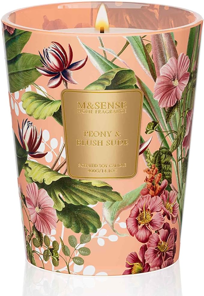 M&SENSE Peony Blush Suede Soy Candle, 14.1oz, Romantic Gift for Women | 60H Slow Burn, Non-Toxic, Date Night Romance, Bedroom, Stress Relief, Relaxation, Luxury Candles Gift