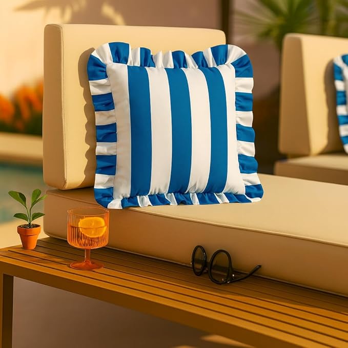 MONDAY MOOSE Decorative Throw Pillow Covers, Set of 2 Water-Resistant Striped Design with Ruffle Edge for Outdoor/Indoor Use, Pillow Inserts Not Included (20x20 inch, White/Blue)