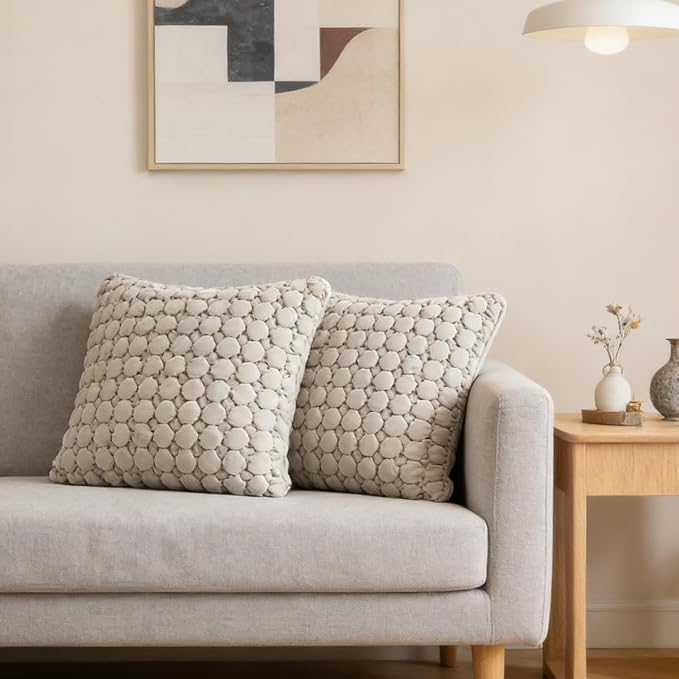 Throw Pillow Covers 18x18 Set of 2 Velvet Square Pillowcase Soft Skin-Friendly Thickened Decorative Farmhouse Cushion Covers Soft Bubble Texture for Couch Bedroom Living Room,Beige Gray
