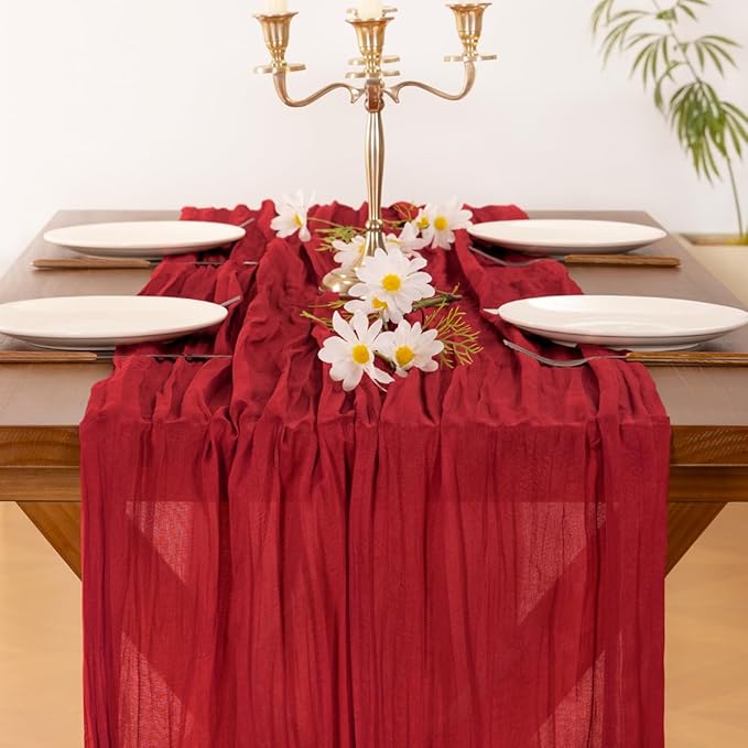 Socomi Red Cheesecloth Table Runner Easter Spring Boho Rustic Gauze 120 inch 10FT Cheese Cloth Runner for Wedding Party Baby Shower Birthday Home Decor Holiday Decorations