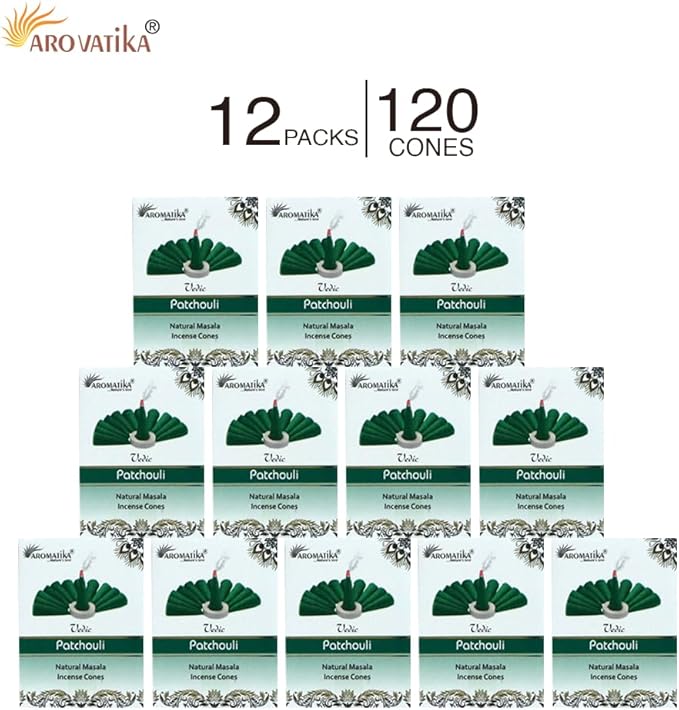 ARO VATIKA Vedic Patchouli Natural Masala 120 Incense Cones in Pack of 12 Boxes| Environment-Friendly Dhoop- Best for Prayer, Reiki, Meditation and Relaxation | Burn Time- 25 mins