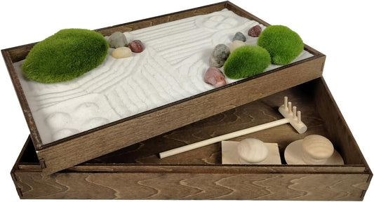 Wooden Stackable Zen Garden | White Sand with Rake & Accessories | Minimalist Decor Gift for Relaxation