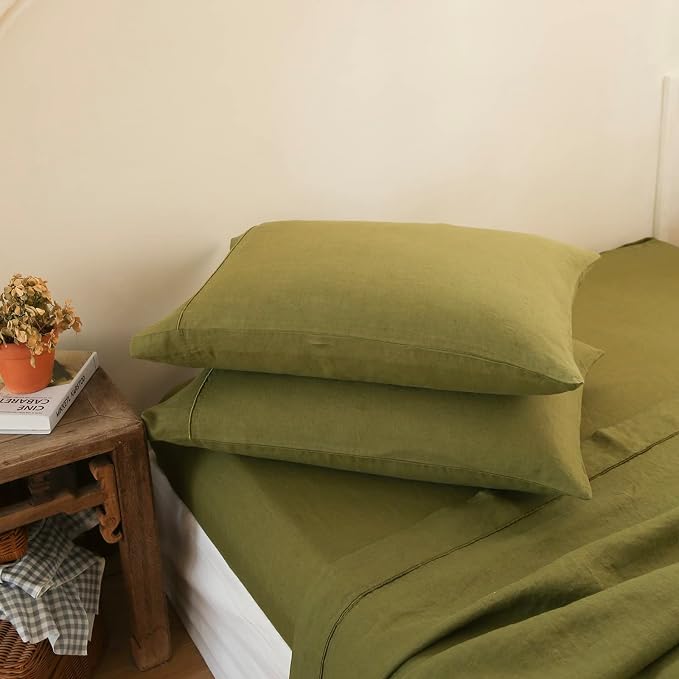 Simple&Opulence 100% French Linen Pillowcase Queen Size-Set of 2- Washed Solid Color Pillow Cases Embroidered -Soft and Durable (Olive Green, 20''x30'')