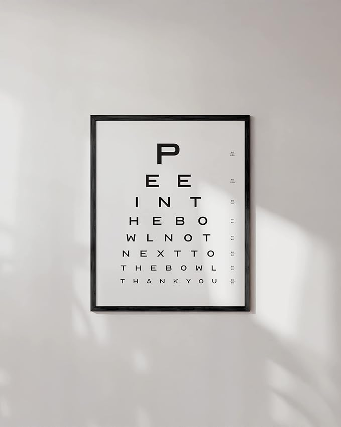 HAUS AND HUES Funny Bathroom Signs – Eye Chart Restroom Poster, Playful Washroom Artwork, Humorous Home Accent (16x20, Black Frame)