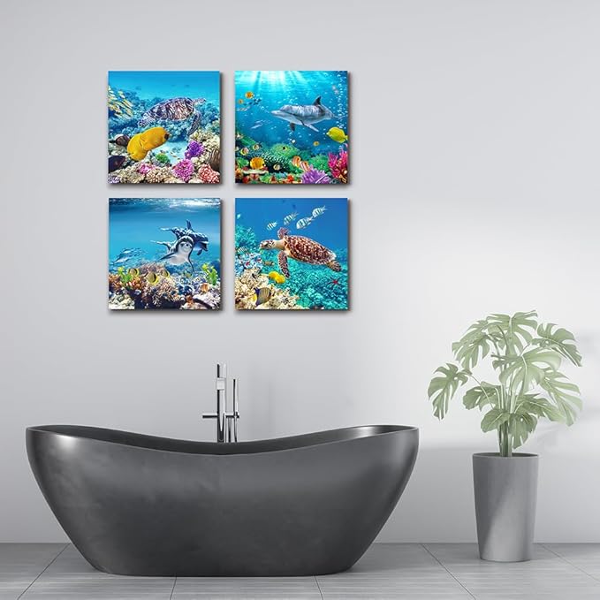 Canvas Wall Art for Living Room- family Bedroom Canvas Pictures Artwork Bathroom Wall Decor- 4 Panels Coral and Sea Fish and Turtles Ocean Theme Stretched and Framed Ready to Hang Modern Home Decor