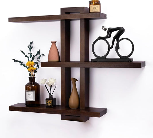 Variable Floating Shelves Wood Set of 3, Bathroom Shelves 28.35" Max, Rustic Shelves for Wall, Wall Shelves for Living Room Bathroom Bedroom Farmhouse - Dark Walnut Color - 28.35" x 23" x 4.3" Max