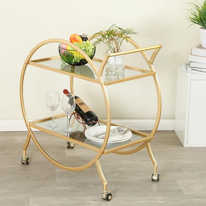 Bar Cart with 2 Mirrored Shelves, Modern Metal Bar Serving Cart, Gold Round Bar Carts for The Home/Kitchen/Club/Living Room, Rolling Wheeled Design (28.34''14.96''30.7'')