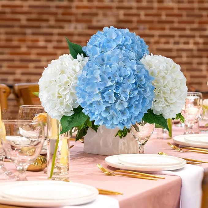 JINWOE Boho Light Blue Fake Hydrangea Artificial Flowers, 4Pcs 22" Large Lifelike Silk Artificial Hydrangeas, Full Fake Flowers for Bouquet Table Centerpieces Wedding Indoor Home
