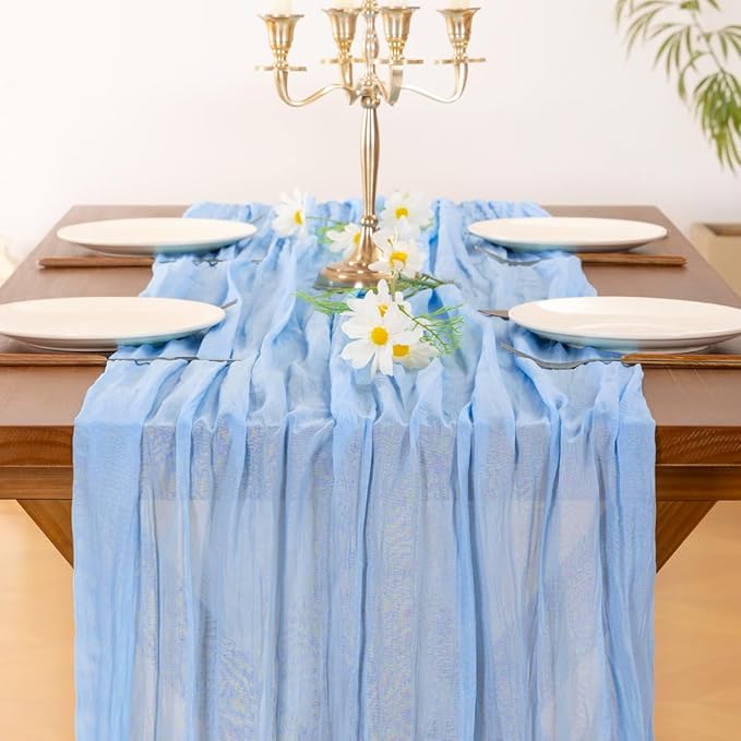 Socomi 3pcs Light Blue Cheesecloth Table Runner Easter Spring Boho Rustic Gauze 120 inch 10FT Cheese Cloth Runner for Wedding Party Baby Shower Birthday Home Decor Holiday Decorations