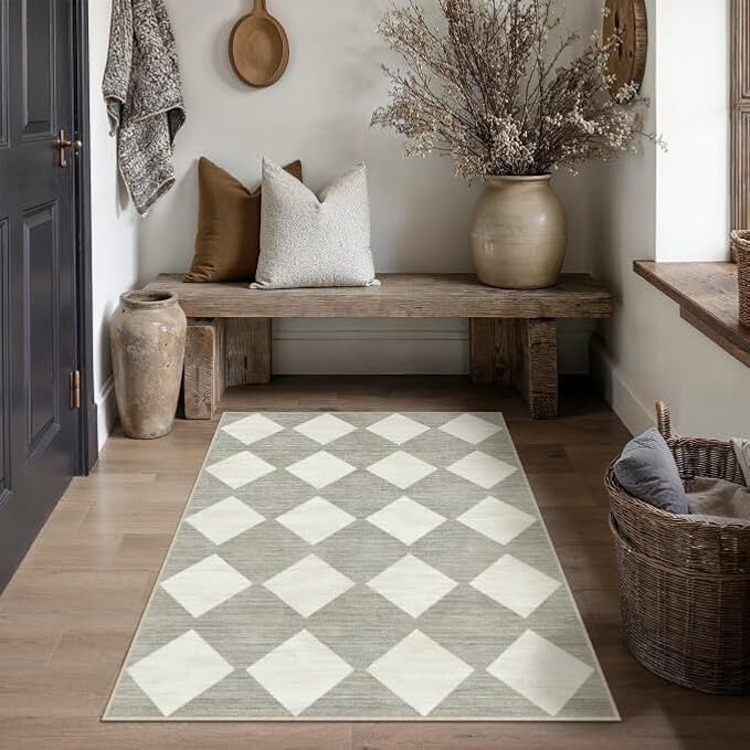 PureCozy Machine Washable Grey 4x6 Area Rugs for Living Room Modern Soft Small Checkered Rug Non-Slip Low Pile Accent Indoor Office Carpet for Bedroom Dining Room Nursery Classroom