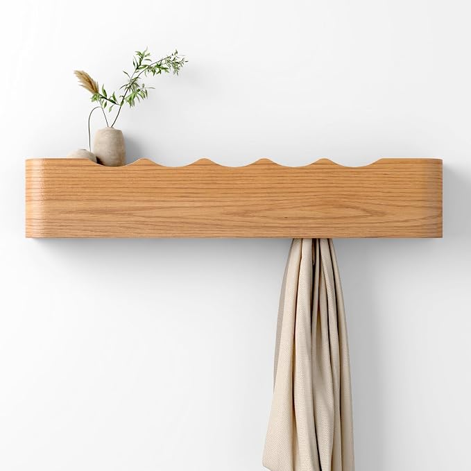 Coat Rack Wall Mount with Hidden Hooks, Wall Hooks with Shelf, Wall Key Holder Mount Wooden Shelf Entryway Hooks for Bedroom Bathroom for Hanging Coats Hats Bags Towels (Oak Wave-Shape, 5 Hooks)