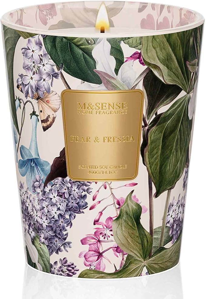 M&SENSE Pear Freesia Soy Candle, 14.1oz, Summer Fruity Gift for Women | 60H Slow Burn, Non-Toxic, Living Room Stress Relief, Relaxation, Fruity Home Fragrance Housewarming Gift