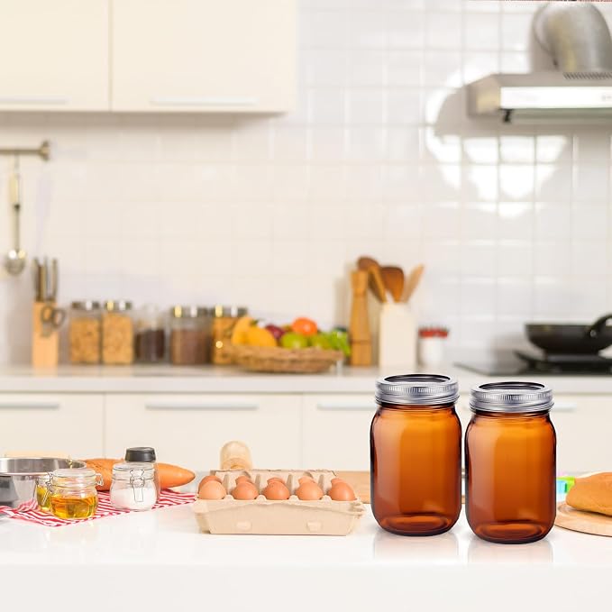 Norme 6 Pcs 64 oz Glass Mason Jars Glass Mason Jars Canning Container Set Embossed Half Gallon Fermenting Container with Airtight Lids for Canning Freezing Preserving Beverages Decor (Amber)