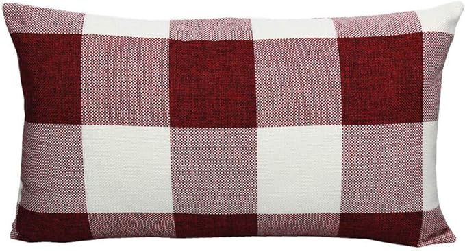 VAKADO 12x20 Inch Pack of 2 Farmhouse Retro Check Plaids Lumbar Throw Pillow Covers Christmas Decorative Rectangle Cushion Cases for Sofa Couch Car, Red White