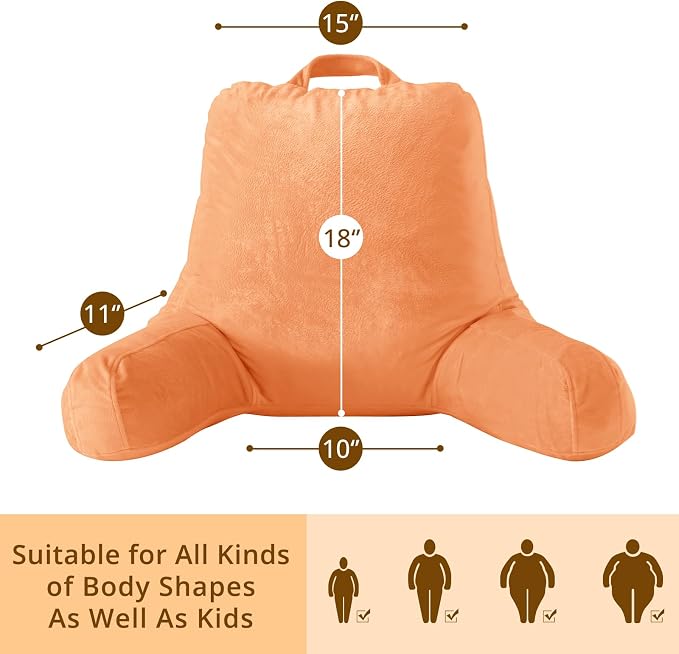 Sasttie Reading Pillow, Velvet Back Pillow for Bed Sitting Up, Adult Back-Rest Support Cushion with Arms for Sit Up on Couch, Sofa, and Floor, Dorm Essentials, Reading Accessories, Orange