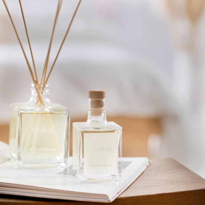 Chakra Reed Diffuser Set - Reed Diffusers for Home, Office and Living Spaces with Long-Lasting Fragrance, Scent Diffuser with Decorative Glass Bottle & Bamboo Sticks, 3.3 fl oz, Natural Flowers