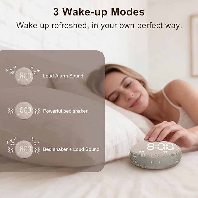 SolaceRise Super Loud Alarm Clock for Heavy Sleepers: Vibrating Digital Auto-Dim Clock with Bed Shaker for Hearing Impaired - Portable Rechargeable Battery for Bedroom Travel Dorm - Putty