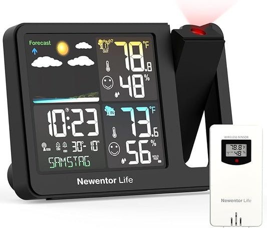 Newentor Projection Alarm Clock, Projection Clock for Bedroom Ceiling, Weather Station Thermometer with Projector Indoor Outdoor TEM&Hum, Forecast, Adjustable Backlight,MatteBlack with Red Projector