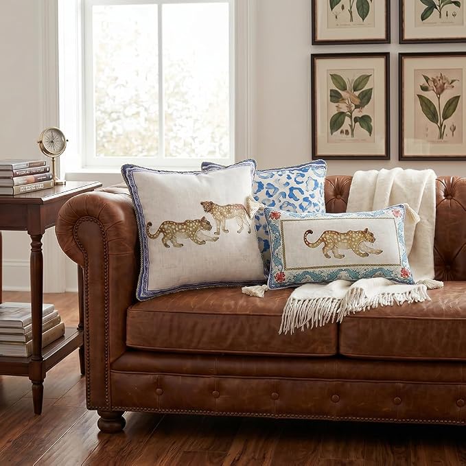patdrea Designer French Vintage Linen Throw Pillow Cover,12"x20"-Fromm B | Elegant Decorative Pillow Case,Leopard Print with Tassel,Pillow Cover for Couch Living Room Bedroom Sofa