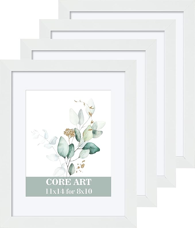 CORE ART 11x14 White Picture Frame Set of 4,Display Pictures 8x10 with Mat or 11 x 14 without Mat,Multi Photo Frames Collage for Wall or Tabletop Display