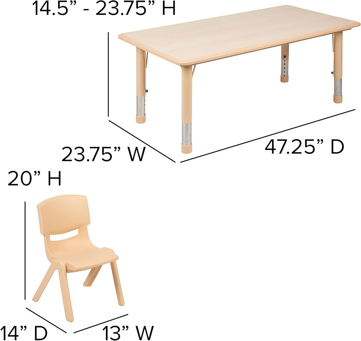 EMMA + OLIVER 23.625" W x 47.25" L Rectangle Natural Plastic Activity Table Set with 6 Chairs
