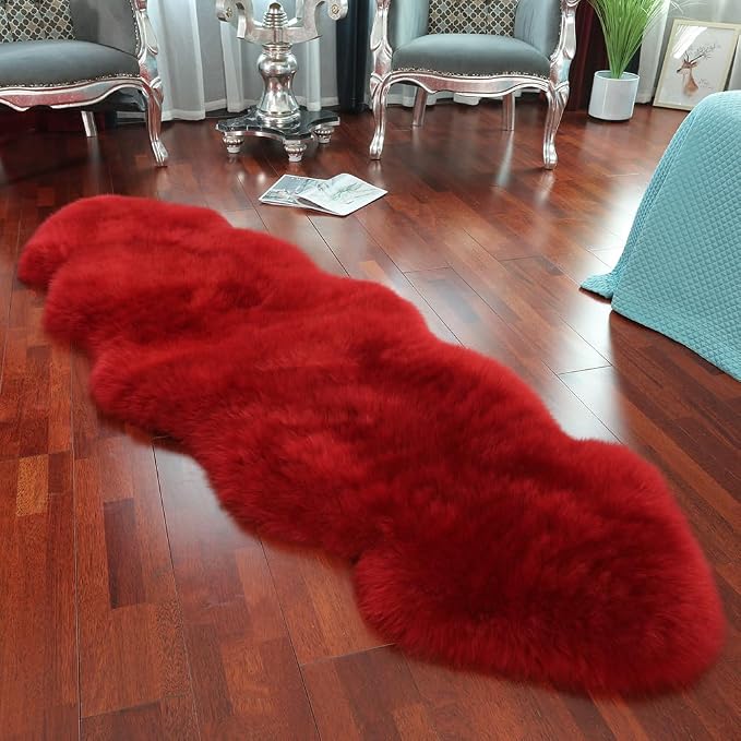 AOGELAN Red Genuine Sheepskin Rug, Fuzzy Fluffy Shaggy Fur Soft Area Rug for Soft Fuzzy Plush Bedroom Living Room Fur Wool Pray Pup Cushion, Chair Sofa Seat Cover(Red, 2 Pelt)