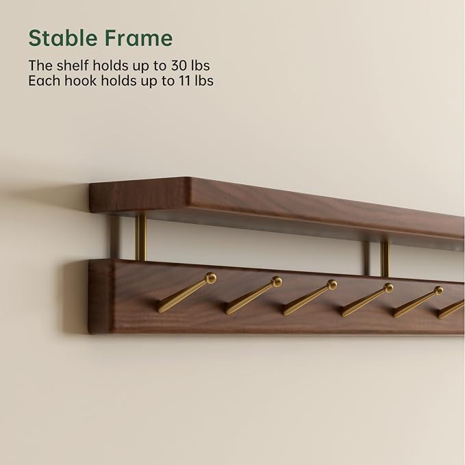 Walnut Wall Hooks with Shelf, Coat Rack Wall Mount, Entryway Hanging Shelf with 7 Brass Hooks for Hats, Clothes, Towels, Bags, Black Walnut Wood, Natural