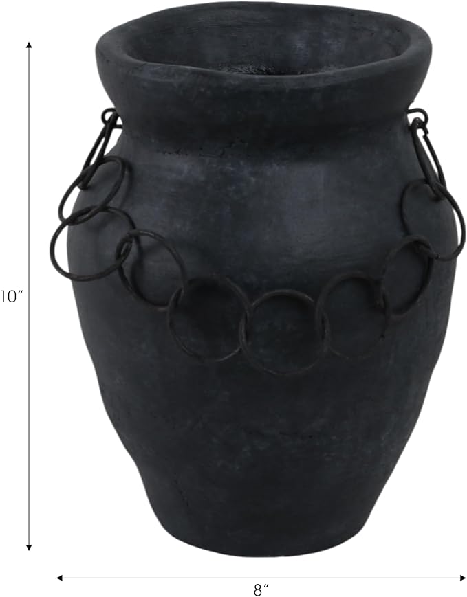 10x8 Rustic Terracotta Vase with Chain, Black