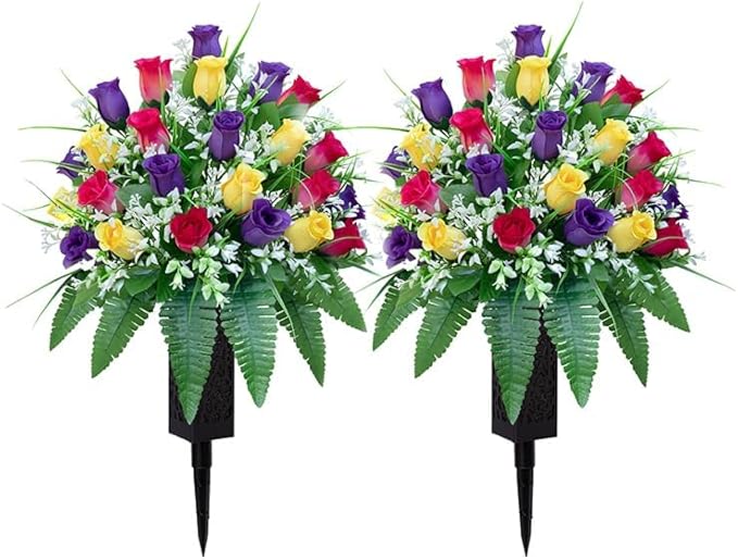 LVXINLI Artificial Cemetery Flowers, Gravesite Decoration Roses, Memorial Bouquets with Cemetery Vase, Vibrant and Long-Lasting Colors (Yellow+Purple+Brilliant Red, 2 Bundles)