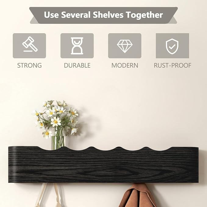 Wall Mounted Coat Rack with Shelf, Wooden Entryway Organizer with Hidden Metal Hooks for Hanging Coats Bags Keys, Modern Floating Shelf for Hallway Bathroom