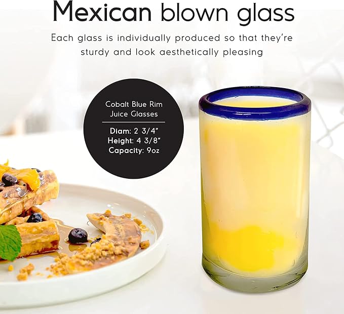 Cobalt Blue Rim 9 oz Juice Glasses (set of 6), Recycled Glass, Lead-free, Toxin-Free (9 oz Juice)