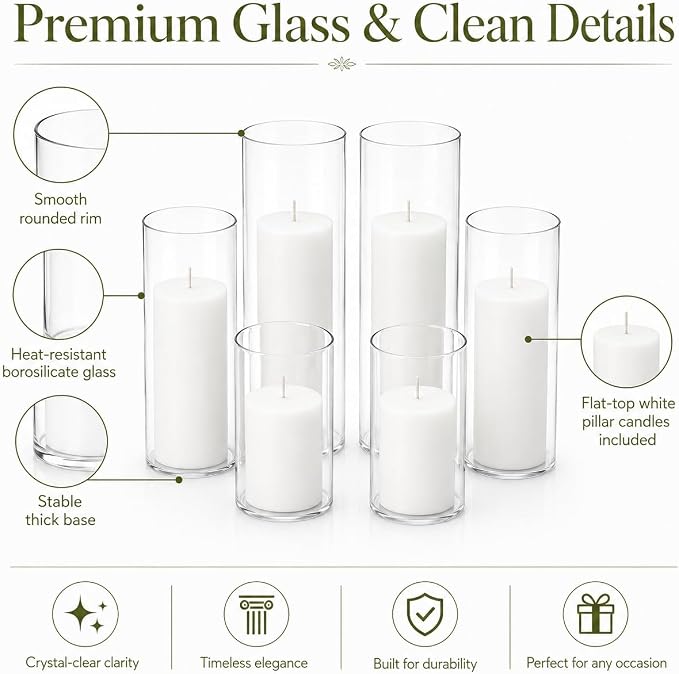 Set of 6 White Pillar Candles with Clear Glass Hurricane Holders- Elegant Cylinder Candle Vases for Weddings, Parties, Centerpieces, Home & Office Decor (White, 6 Set)