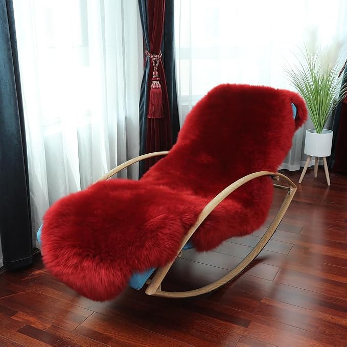 AOGELAN Red Genuine Sheepskin Rug, Fuzzy Fluffy Shaggy Fur Soft Area Rug for Soft Fuzzy Plush Bedroom Living Room Fur Wool Pray Pup Cushion, Chair Sofa Seat Cover(Red, 2 Pelt)