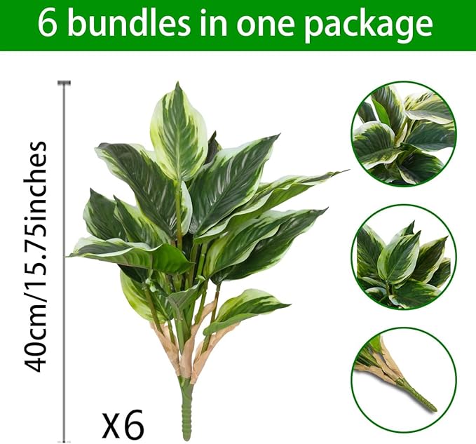 6PCS Artificial Tropical Green Plants – 15.75" Fake Hostas Outdoor Artificial Plants, UV Resistant, Faux Green Leaf Stems for Porch, Patio, Balcony, Garden Planter or Indoor Décor