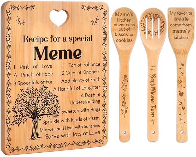 Meme Gifts - "Recipe for a Special Meme" Meme Gifts for Grandma Cutting Board Set, Bamboo-Made Engraved Utensil Set Gifts for Meme Cutting Board, Mothers Day Gifts for Meme.
