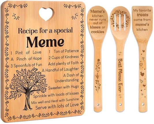 Meme Gifts - "Recipe for a Special Meme" Meme Gifts for Grandma Cutting Board Set, Bamboo-Made Engraved Utensil Set Gifts for Meme Cutting Board, Mothers Day Gifts for Meme.