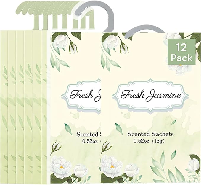 12 Packs Jasmine Hanging Scented Sachets for Drawers and Closets with Retractable Hook| Long-Lasting Closet Air Freshener & Closet Deodorizer | Closet Scent Freshener (Jasmine)
