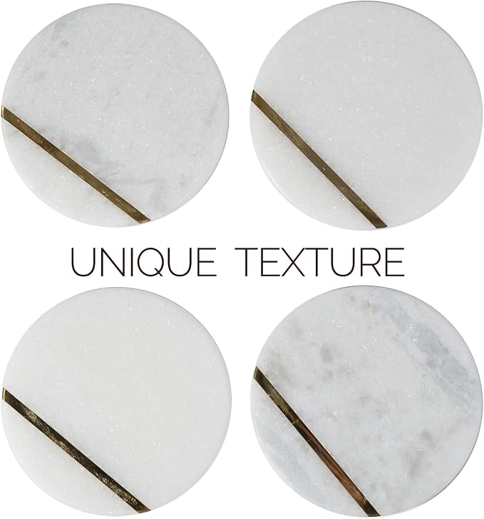 Koville Marble Coaster Set of 4, Round Coasters, 4" Stone Coaster for Drinks Coffee, White Marble with Gold Brass Coasters for Coffee Table Home Bar Decor, Heat Resistant, Gift Choice