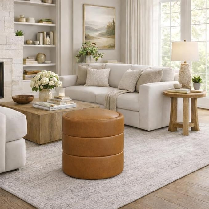 HomePop Storage Round Ottoman with Removable Lid |Homepop Home Décor|Upholstered Round Velvet Foot Rest Ottoman - Carmel Faux Leather
