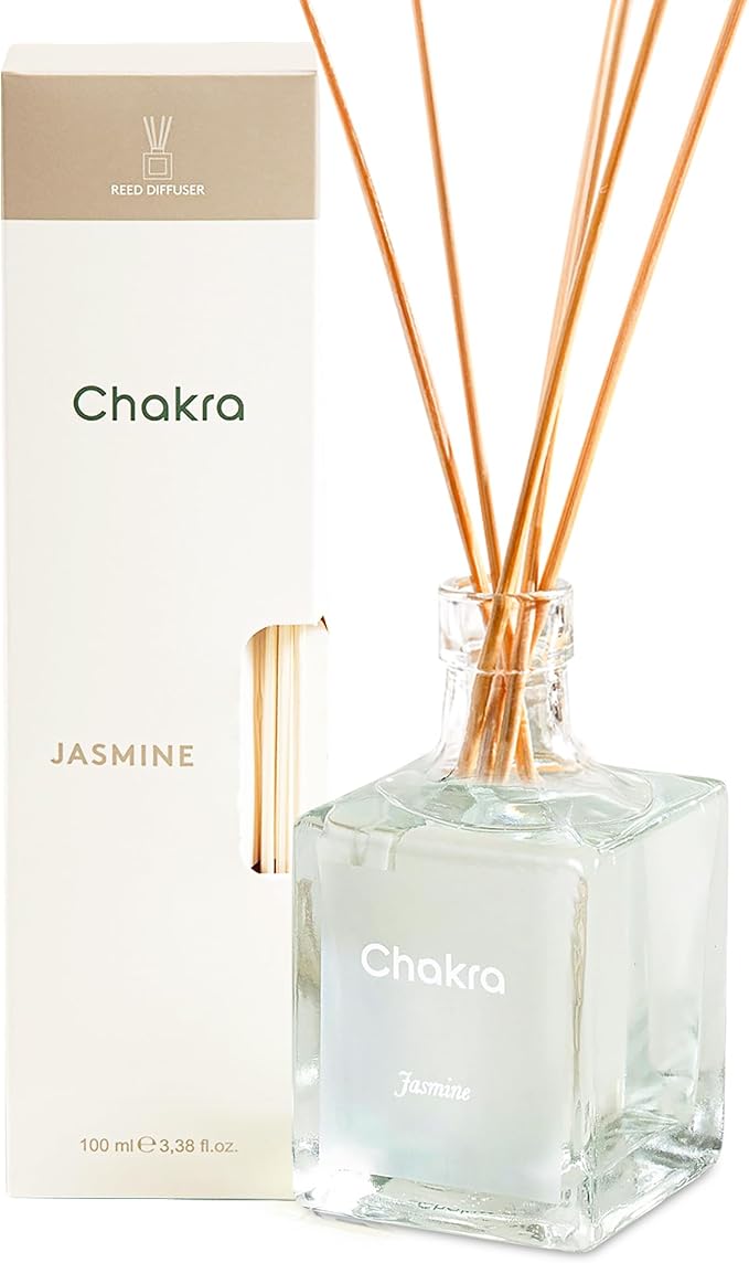 Chakra Reed Diffuser Set - Reed Diffusers for Home, Office and Living Spaces with Long-Lasting Fragrance, Scent Diffuser with Decorative Glass Bottle & Bamboo Sticks, 3.3 fl oz, Jasmine