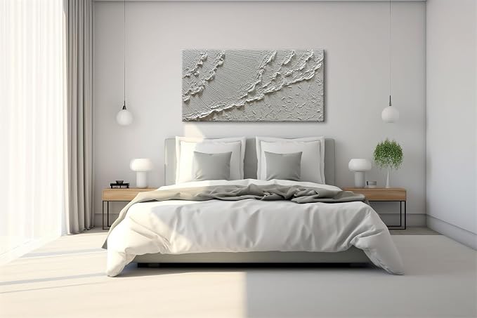 zoinart Hand Painted White Ocean Wave Wall Art 48x24 Inches Large Abstract Beach Textured Art 3D Modern Oil Paintings for Living Room Bedroom Wall Decor