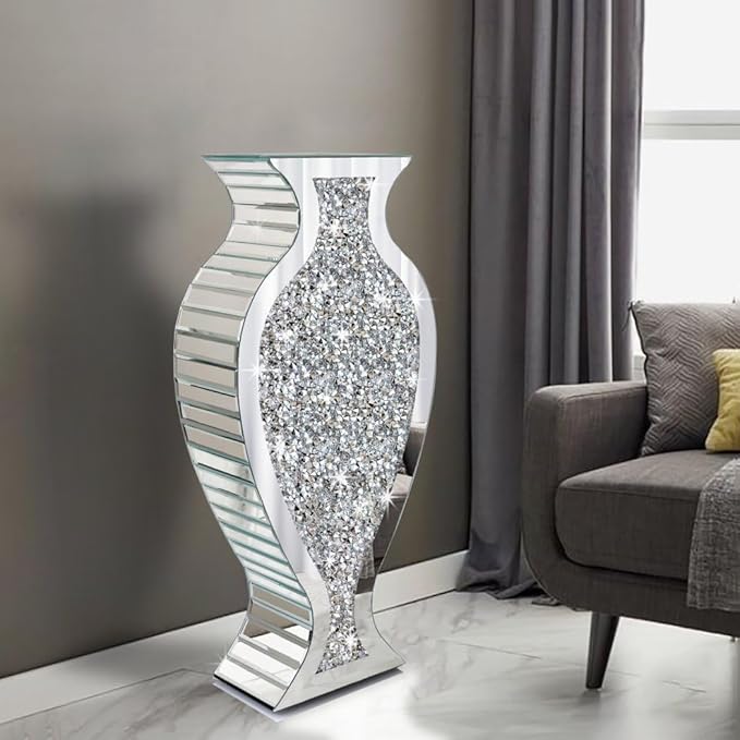 Allartonly Tall Floor Vase S Crushed Diamond Mirrored Vase 27” Tall, Crystal Silver Glass Decorative Mirror Large Vase Luxury for Home Decor Flower Arrangement Can’t Hold Water.