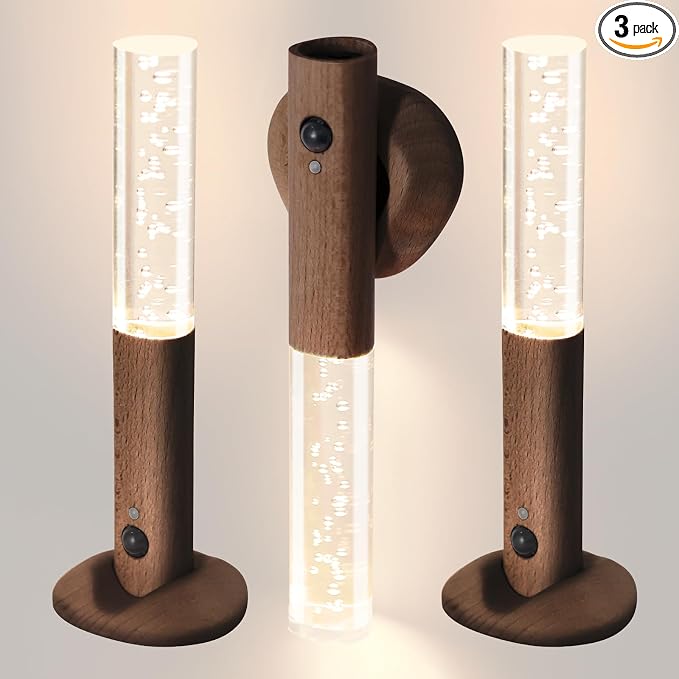Motion Sensor Night Lights Indoor, Rechargeable Night Lights Wall Sconces Wooden Set of 3, Battery Powered Magnetic Wall Sconces Decor for Bedroom, Hallway, Bathroom, Stairway, Closet（Walnut Wood）