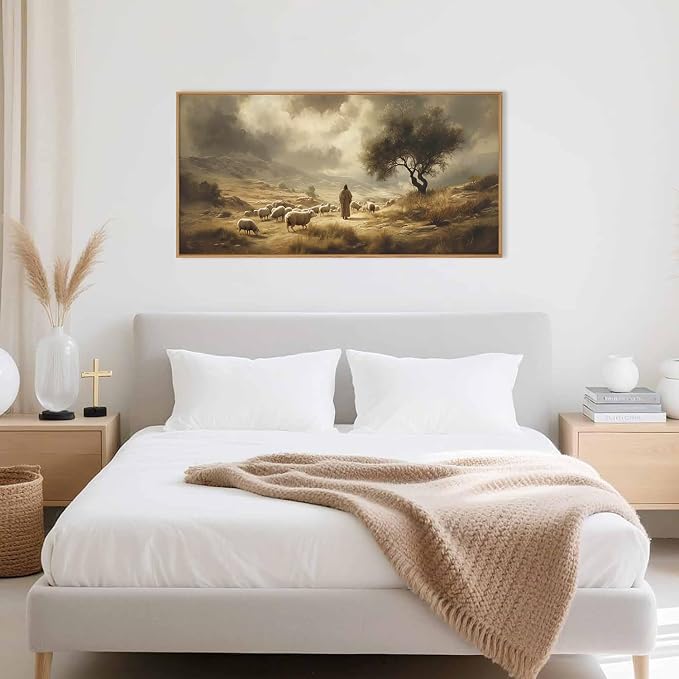 HPNIUB Neutral Jesus Leaves the 99 Sheep Framed Wall Art Set,Easter Lost Lamb Christian Religious Wall Decor, Vintage Inspiring Good Shepherd Artwork for Church Room Christian Faith Gift-20''x40''
